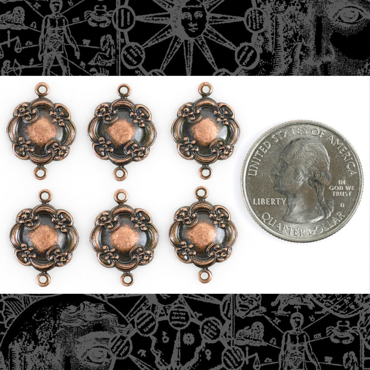 Antiqued Copper Plated Brass Dimpled Floral Cloud Two Ring Connectors - Set of Six - C-2C47